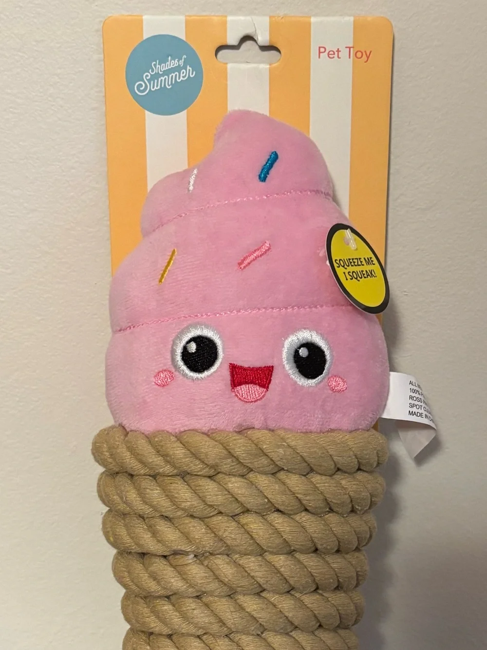 Pink Ice Cream Squeaky Dog Toy - Plush & Rope